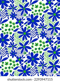 Abstract Hand Drawing Cute Ditsy Mix Flowers Leaves and Geometric Shapes Seamless Vector Pattern Isolated Background