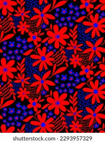 Abstract Hand Drawing Cute Ditsy Mix Flowers Leaves and Geometric Shapes Seamless Vector Pattern Isolated Background