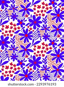 Abstract Hand Drawing Cute Ditsy Mix Flowers Leaves and Geometric Shapes Seamless Vector Pattern Isolated Background