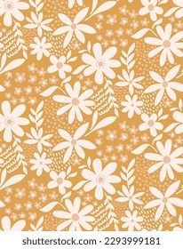 Abstract Hand Drawing Cute Ditsy Mix Flowers Leaves and Geometric Shapes Seamless Vector Pattern Isolated Background