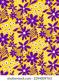 Abstract Hand Drawing Cute Ditsy Mix Flowers Leaves and Geometric Shapes Seamless Vector Pattern Isolated Background