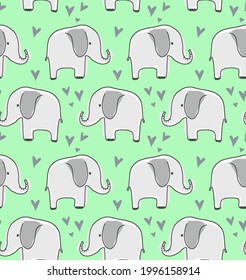 Abstract Hand Drawing Cute Elephants and Hearts Seamless Vector Pattern Isolated Background