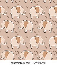 Abstract Hand Drawing Cute Elephants and Hearts Seamless Vector Pattern Isolated Background