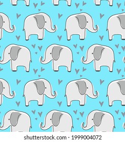 Abstract Hand Drawing Cute Elephants and Hearts Seamless Vector Pattern Isolated Background