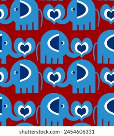 Abstractas dibujo a mano lindos elefantes con corazones sin fisuras patrón de Vector retro de fondo aislado