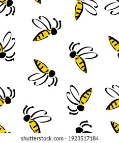 Abstract Hand Drawing Cute Flying Bees Repeating Vector Pattern Isolated Background
