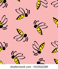 Abstract Hand Drawing Cute Flying Bees Repeating Vector Pattern Isolated Background