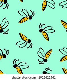 Abstract Hand Drawing Cute Flying Bees Repeating Vector Pattern Isolated Background
