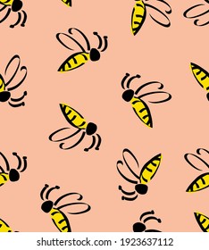 Abstrakte handgezeichnete, rutschfliegende Bienen Wiederholung eines Vektormusters einzeln auf Hintergrund