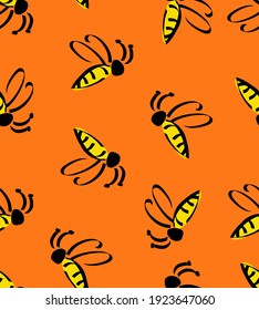 Abstract Hand Drawing Cute Flying Bees Repeating Vector Pattern Isolated Background