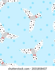 Abstract Hand Drawing Cute Flying Pigeons Seamless Vector Pattern with Polka Dots Background