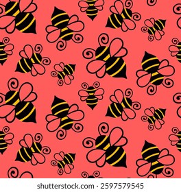 Abstract Hand Drawing Cute Flying Bees Seamless Vector Pattern Isolated White Background	