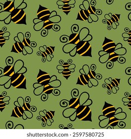 Abstract Hand Drawing Cute Flying Bees Seamless Vector Pattern Isolated White Background	