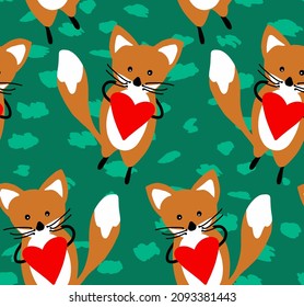 Abstract Hand Drawing Cute Foxes and Hearts Seamless Vector Pattern Isolated Background