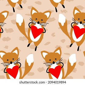 Abstract Hand Drawing Cute Foxes and Hearts Seamless Vector Pattern Isolated Background