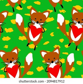 Abstract Hand Drawing Cute Foxes and Hearts Seamless Vector Pattern Isolated Background