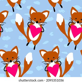 Abstract Hand Drawing Cute Foxes and Hearts Seamless Vector Pattern Isolated Background