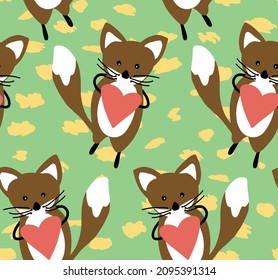 Abstract Hand Drawing Cute Foxes and Hearts Seamless Vector Pattern Isolated Background