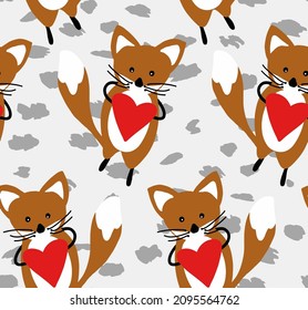 Abstract Hand Drawing Cute Foxes and Hearts Seamless Vector Pattern Isolated Background