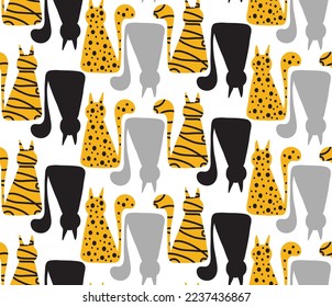 Abstract Hand Drawing Cute Geometric Cats Seamless Vector Pattern Isolated Background