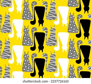 Abstract Hand Drawing Cute Geometric Cats Seamless Vector Pattern Isolated Background