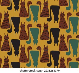 Abstract Hand Drawing Cute Geometric Cats Seamless Vector Pattern Isolated Background