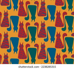 Abstract Hand Drawing Cute Geometric Cats Seamless Vector Pattern Isolated Background