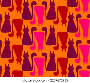 Abstract Hand Drawing Cute Geometric Cats Seamless Vector Pattern Isolated Background