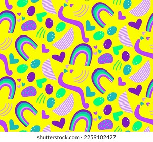Abstract Hand Drawing Cute Geometric Shapes Hearts Rainbows Seamless Vector Pattern Isolated Background