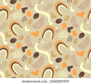 Abstract Hand Drawing Cute Geometric Shapes Hearts Rainbows Seamless Vector Pattern Isolated Background