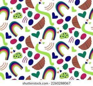 Abstract Hand Drawing Cute Geometric Shapes Hearts Rainbows Seamless Vector Pattern Isolated Background