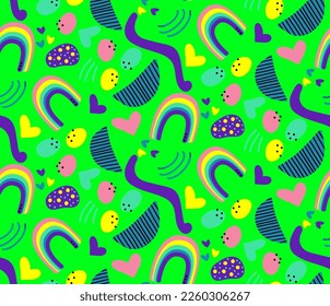 Abstract Hand Drawing Cute Geometric Shapes Hearts Rainbows Seamless Vector Pattern Isolated Background