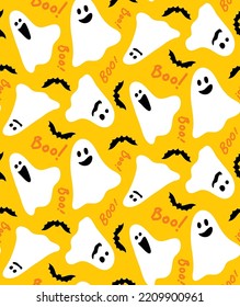Abstract Hand Drawing Cute Ghosts Bats and Boo Text Seamless Halloween Vector Pattern Isolated Background
