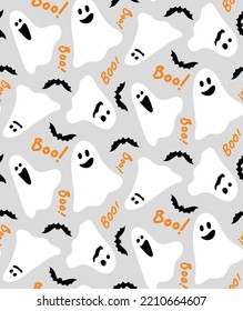 Abstract Hand Drawing Cute Ghosts Bats and Boo Text Seamless Halloween Vector Pattern Isolated Background