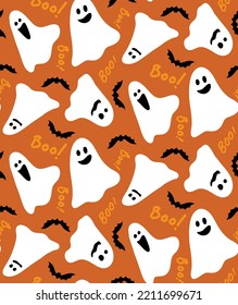 Abstract Hand Drawing Cute Ghosts Bats and Boo Text Seamless Halloween Vector Pattern Isolated Background