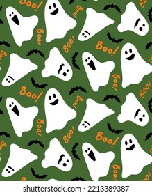 Abstract Hand Drawing Cute Ghosts Bats and Boo Text Seamless Halloween Vector Pattern Isolated Background