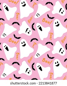 Abstract Hand Drawing Cute Ghosts Bats and Boo Text Seamless Halloween Vector Pattern Isolated Background