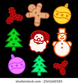 Abstract Hand Drawing Cute Gingerbread Trees Ball Snowman Noel Father Christmas Concept Stickers Icons Vector Pattern Isolated Background