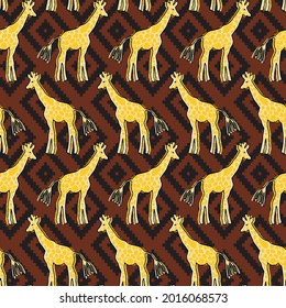 Abstract Hand Drawing Cute Giraffes with Ethnic Argyle Shapes Background Seamless Vector Pattern