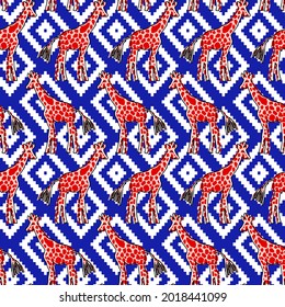 Resumen Dibujo a mano de jirafas mullidas con formas de argyle étnico Fondo patrón vectorial sin problemas