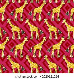 Abstract Hand Drawing Cute Giraffes with Ethnic Argyle Shapes Background Seamless Vector Pattern
