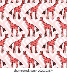 Abstract Hand Drawing Cute Giraffes with Ethnic Argyle Shapes Background Seamless Vector Pattern