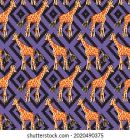 Abstract Hand Drawing Cute Giraffes with Ethnic Argyle Shapes Background Seamless Vector Pattern