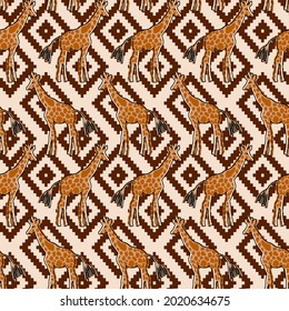 Abstract Hand Drawing Cute Giraffes with Ethnic Argyle Shapes Background Seamless Vector Pattern
