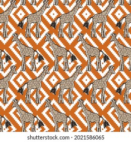 Abstract Hand Drawing Cute Giraffes with Ethnic Argyle Shapes Background Seamless Vector Pattern