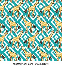 Abstract Hand Drawing Cute Giraffes with Ethnic Argyle Shapes Background Seamless Vector Pattern