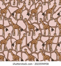 Abstract Hand Drawing Cute Giraffes with Geometric Leather Shapes Background Seamless Vector Pattern