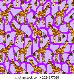 Abstract Hand Drawing Cute Giraffes with Geometric Leather Shapes Background Seamless Vector Pattern