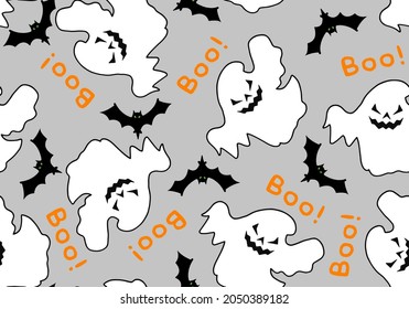 Abstract Hand Drawing Cute Halloween Ghosts and Bats with Boo Text Seamless Vector Pattern Isolated Grey Background