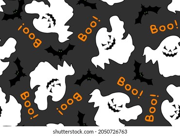 Abstract Hand Drawing Cute Halloween Ghosts and Bats with Boo Text Seamless Vector Pattern Isolated Dark Grey Background